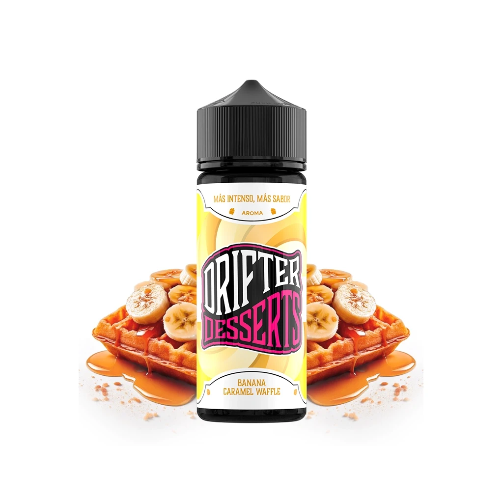 Bote Drifter Desserts Banana Caramel Waffle con tapón negro y etiqueta amarilla, ante gofres con rodajas de plátano y caramelo.