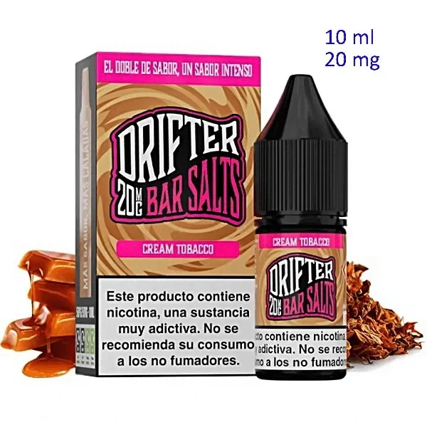 Frasco y caja de Drifter Bar Salts Cream Tobacco, con tapón negro, detalles rosas y advertencia de nicotina, junto a caramelo y tabaco.