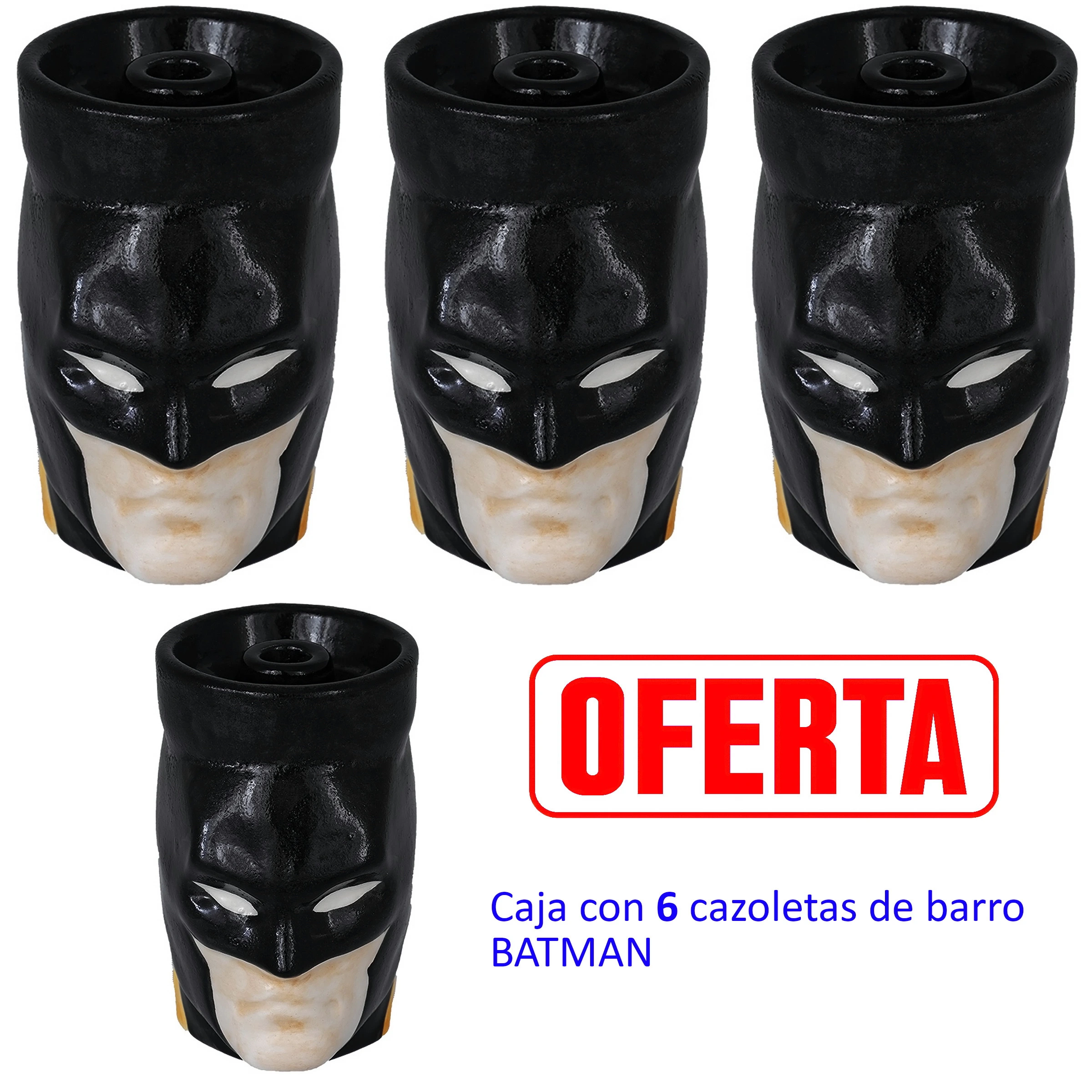 Cuatro cazoletas negras con el rostro de Batman sobre fondo blanco y un rótulo que anuncia una caja de seis unidades.