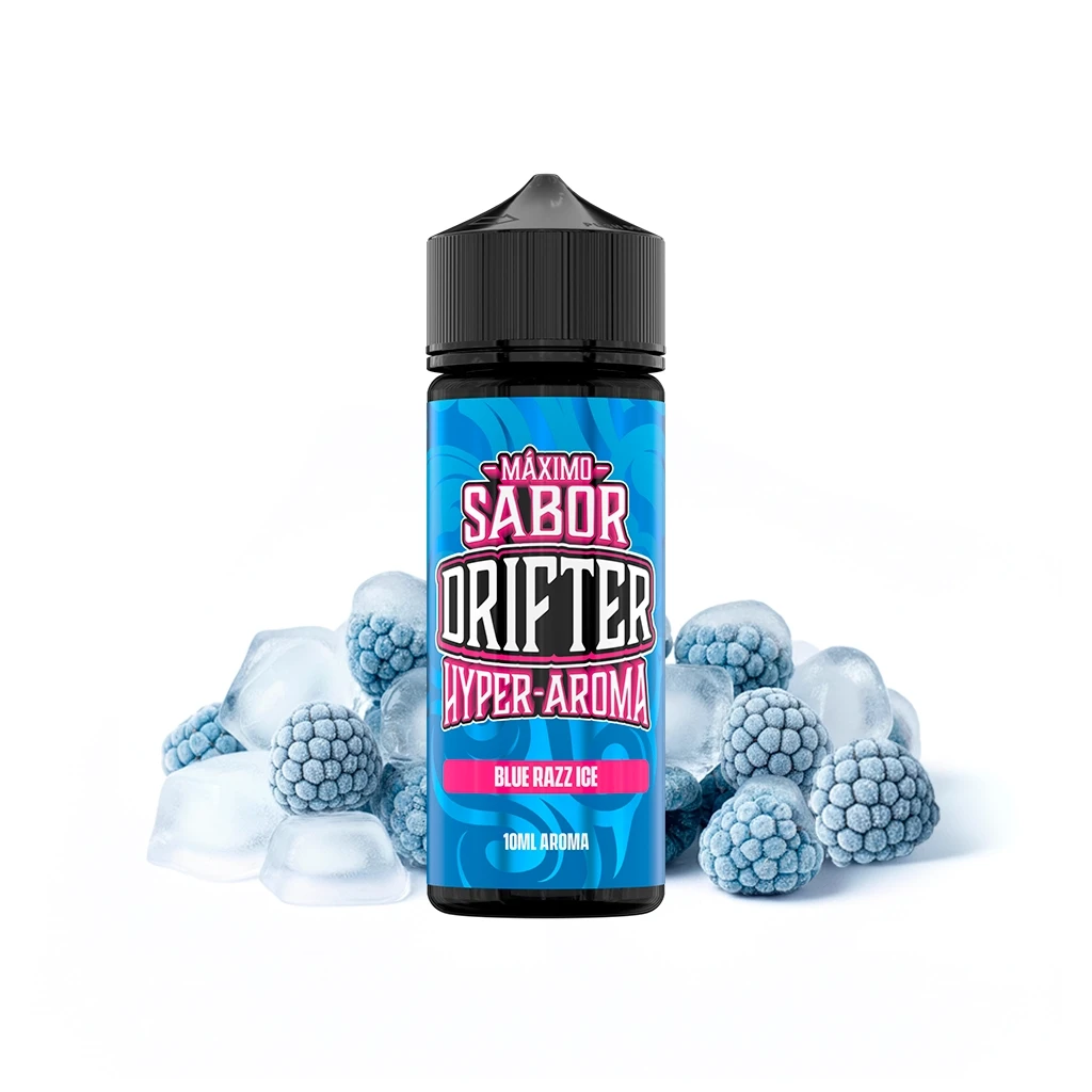Bote Drifter Hyper-Aroma Blue Razz Ice con etiqueta azul y tapón negro, acompañado de frutos azules y cubitos de hielo.