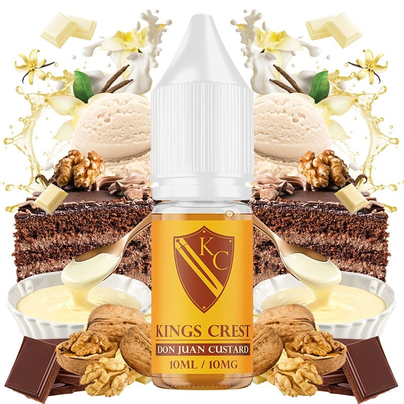 Frasco de Don Juan Custard de Kings Crest con tapón blanco, rodeado de pastel de chocolate, nueces, crema y helado.
