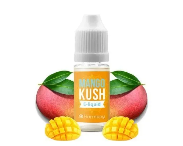 Frasco Harmony Mango Kush con tapón blanco y etiqueta naranja, rodeado de mangos, hojas verdes y mitades cortadas en dados.