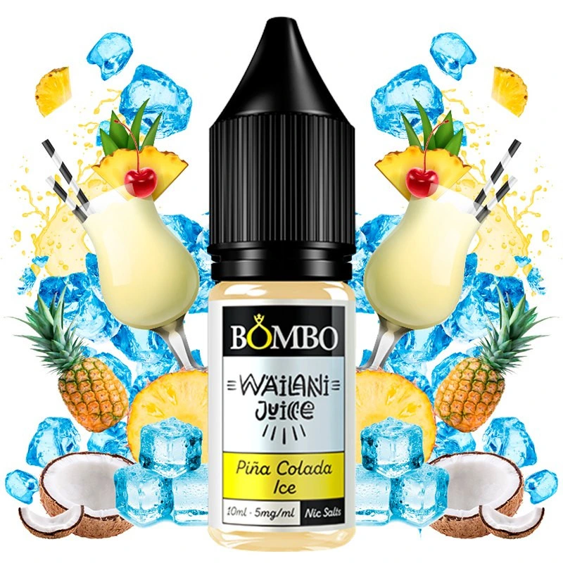 Frasco de Piña Colada Ice de Wailani Juice by Bombo, rodeado de piñas, cocos, hielo azul y copas decoradas con cerezas.