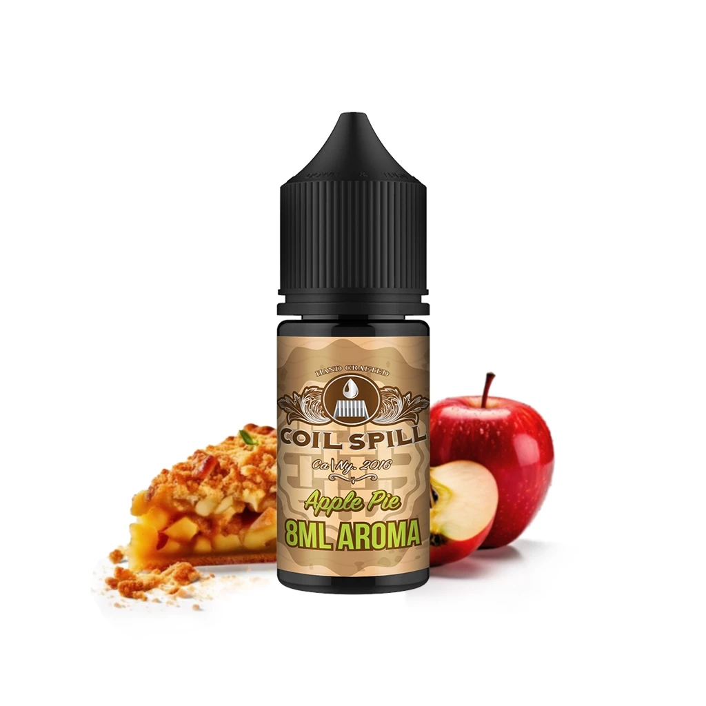 Frasco Coil Spill Apple Pie con tapón negro y etiqueta «8ML AROMA», acompañado de manzanas rojas y una porción de tarta.