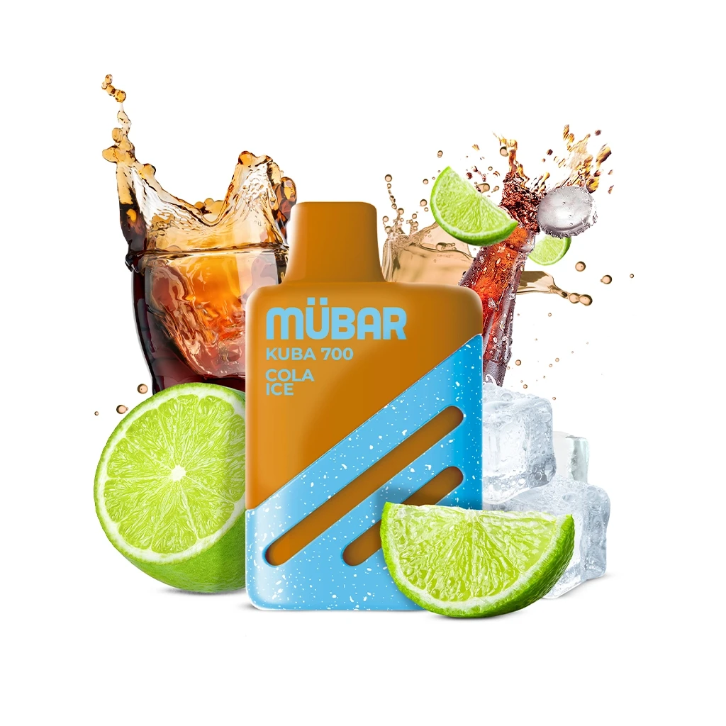 Vapeador Mübar Kuba 700 Cola Ice naranja y azul, rodeado de limas, cubitos de hielo y una salpicadura de refresco oscuro.