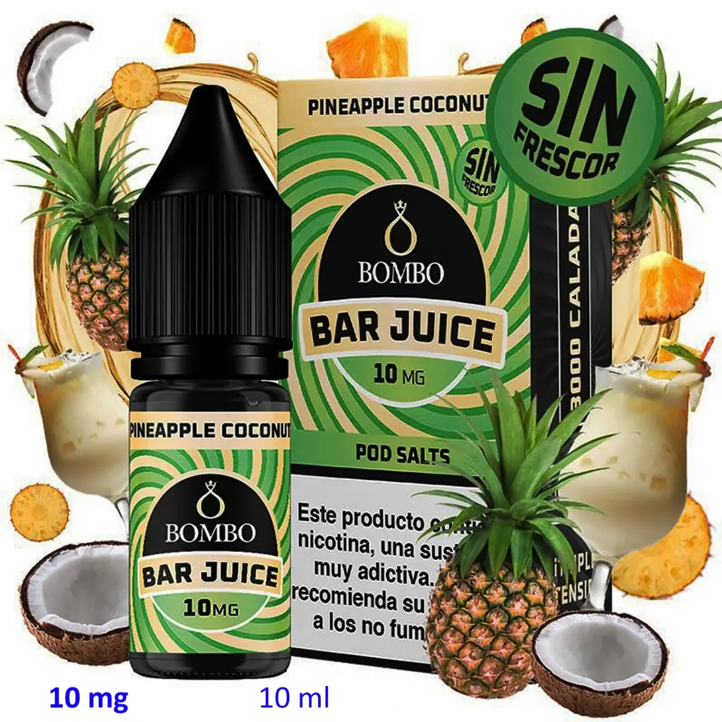Bote y caja de Pineapple Coconut Bar Juice de Bombo, con texto «10 mg» y «sin frescor», rodeados de piñas y cocos.