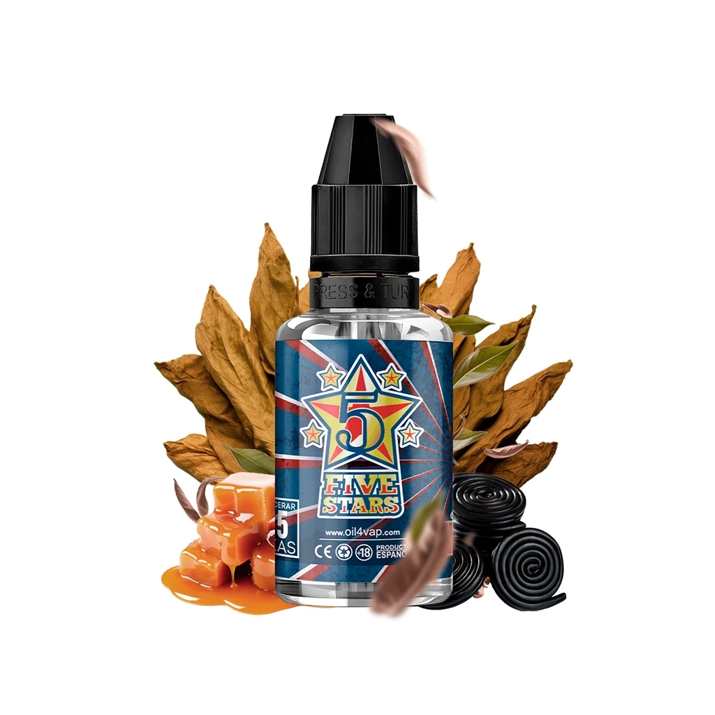 Frasco Oil4Vap Five Stars con tapón negro y etiqueta de estrellas, rodeado de hojas marrones, caramelos y espirales negras.