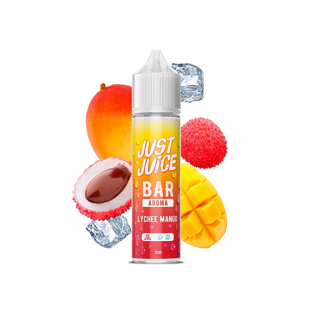 Frasco Just Juice Bar Lychee Mango de 12 ml con tapón blanco, rodeado de mangos, lichis y cubitos de hielo sobre fondo blanco.
