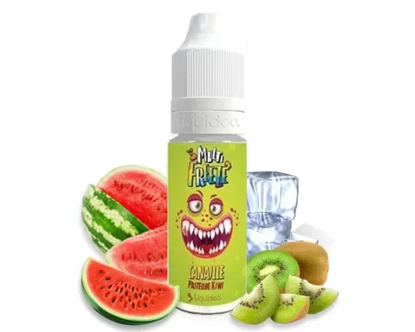 Frasco Canaille Multi Freeze de Liquideo con etiqueta verde y rostro ilustrado, junto a sandía, kiwi y cubitos de hielo.