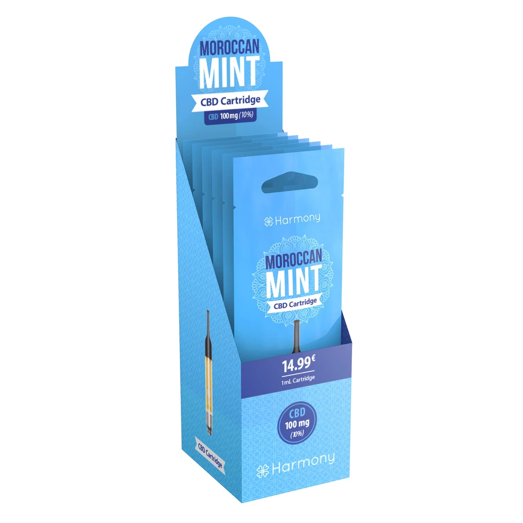 Expositor azul de cartuchos CBD Moroccan Mint de Harmony, con sobres individuales y un cartucho fino dibujado en el lateral.