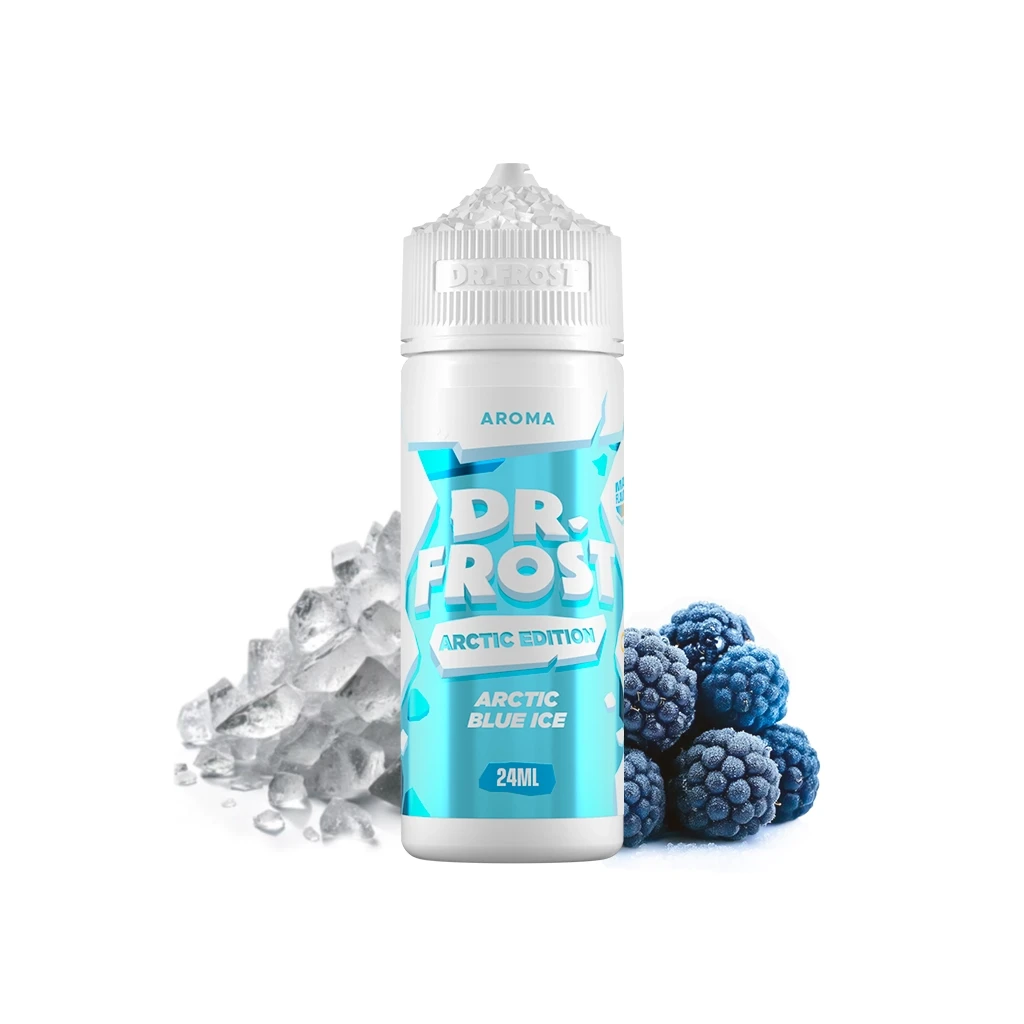 Frasco de Dr Frost Arctic Blue Ice con tapón blanco y etiqueta turquesa de 24 ml, acompañado de moras y trozos de hielo.