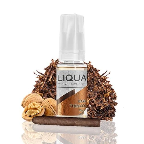 Frasco de Liqua Dark Tobacco con tapón translúcido, rodeado de hojas de tabaco, nueces y un puro sobre fondo blanco.