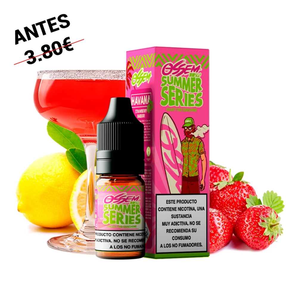 Frasco Ossem Salts Havana Strawberry Daiquiri con caja rosa y verde, rodeado de fresas, limón y una copa con bebida roja.