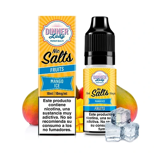 Frasco y caja de Dinner Lady Salts Mango Ice de 10 ml, con etiquetas amarillas y turquesas, mangos y cubitos de hielo alrededor.