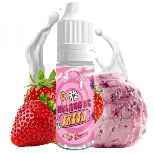 Frasco de Helado de Fresa Liquideo Wpuff Flavors con etiqueta rosa, rodeado de fresas, helado rosa y salpicaduras blancas.