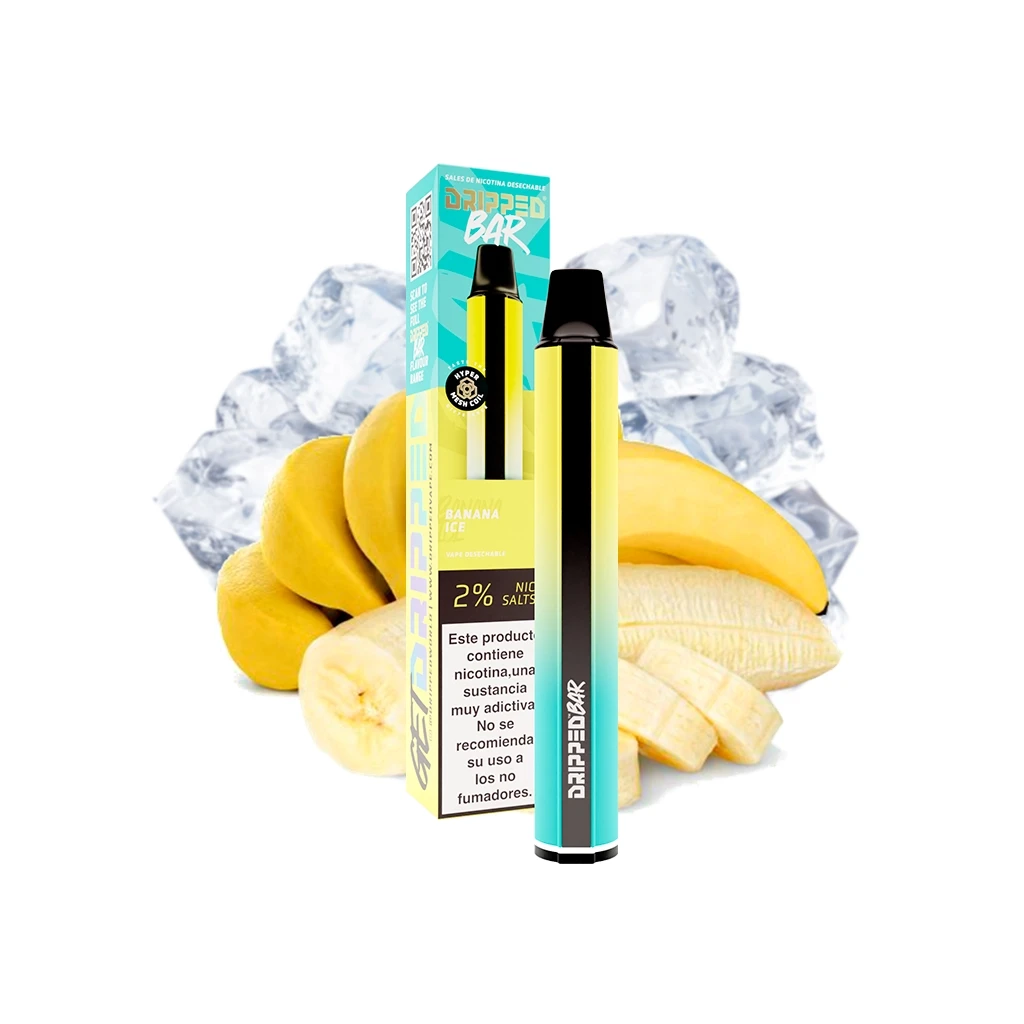 Vapeador Dripped Bar Banana Ice amarillo y turquesa junto a su caja con indicación de nicotina al 2 %, plátanos y cubitos de hielo.