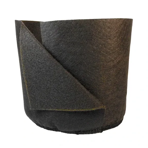 Maceta Smart Pot Trasplante negra, de forma cilíndrica, con una solapa lateral abierta que deja ver su interior sobre fondo blanco.