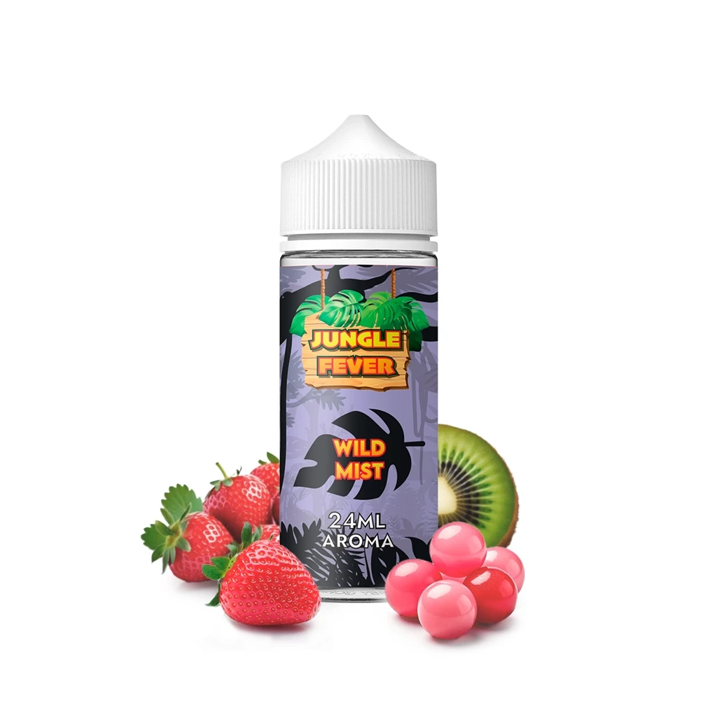 Frasco Jungle Fever Wild Mist con tapón blanco y etiqueta violeta de 24 ml de aroma, acompañado de fresas, medio kiwi y esferas rosas.