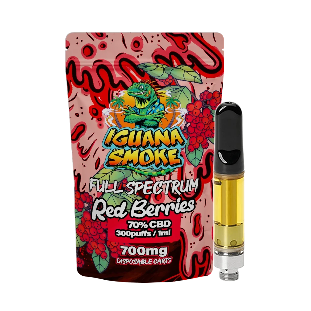 Cartucho Iguana Smoke con líquido amarillo y boquilla negra junto a su envase Red Berries, rotulado Full Spectrum y 70 % CBD.