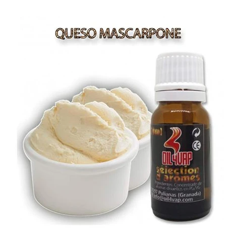 Frasco de aroma Queso Mascarpone de Oil4Vap con tapón blanco, junto a una tarrina con bolas de aspecto cremoso.