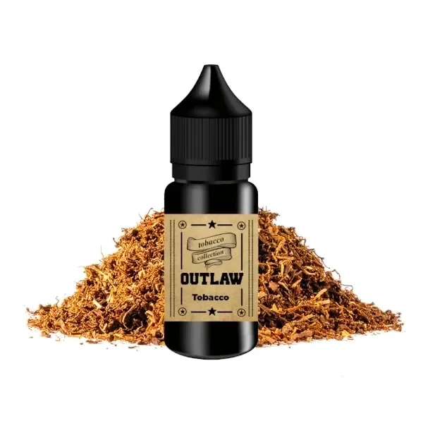 Frasco negro con tapón puntiagudo y etiqueta beige «Outlaw Tobacco», situado delante de un montón de tabaco picado.