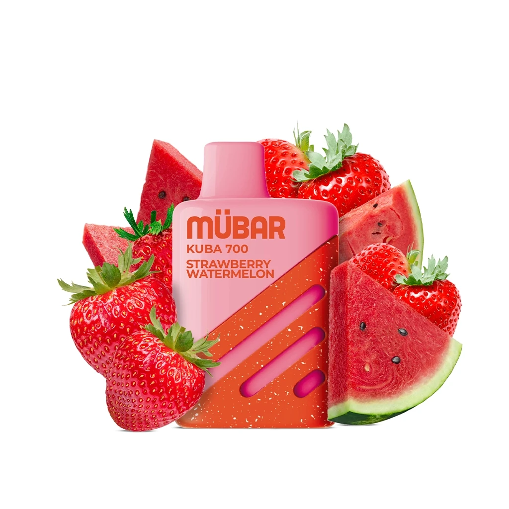 Vaper Mübar Kuba 700 Strawberry Watermelon rosa y naranja, rodeado de fresas y porciones de sandía sobre fondo blanco.