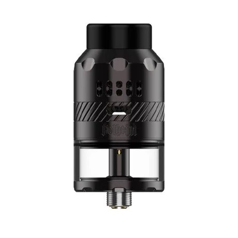Hellvape Helheim RDTA negro visto de frente, con boquilla ancha, orificios de ventilación y depósito transparente en la parte inferior.