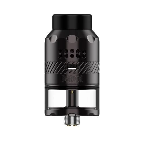 Hellvape Helheim RDTA negro visto de frente, con boquilla ancha, orificios de ventilación y depósito transparente en la parte inferior.