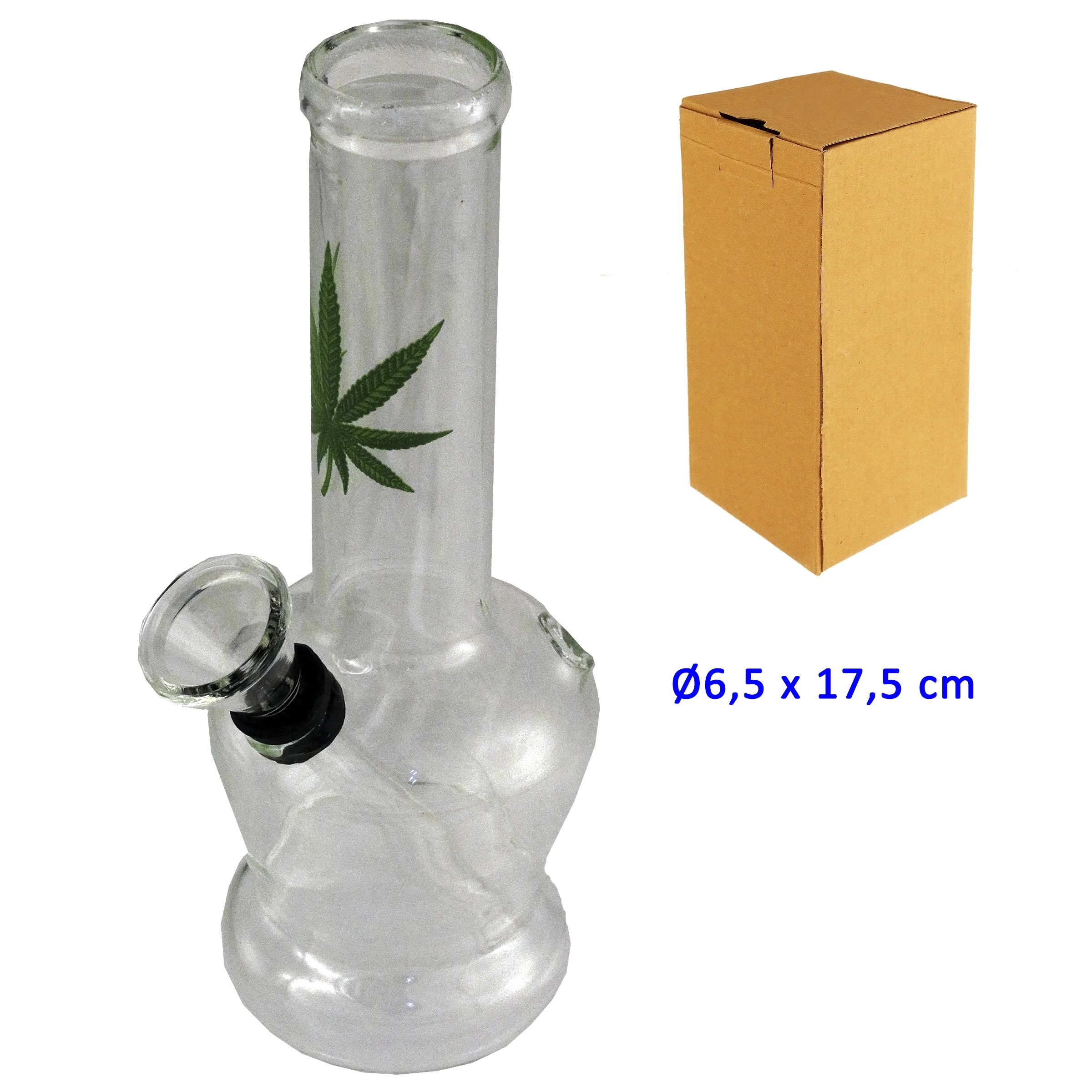 Bong de cristal transparente con hoja verde en el tubo, cazoleta lateral y base abombada, junto a una caja de cartón.