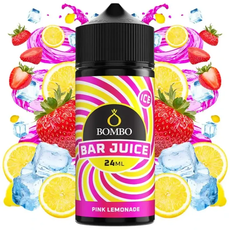 Bote Bombo Bar Juice Pink Lemonade Ice de 24 ml, con tapón negro y etiqueta rosa y amarilla, rodeado de fresas, limones y cubitos de hielo.