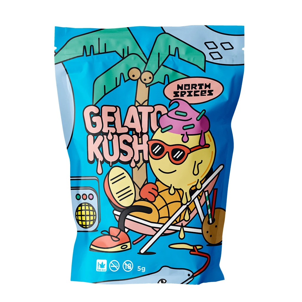 Bolsa azul North Spices Gelato Kush de 5 g, decorada con un helado con gafas de sol en una tumbona, palmeras y una radio.