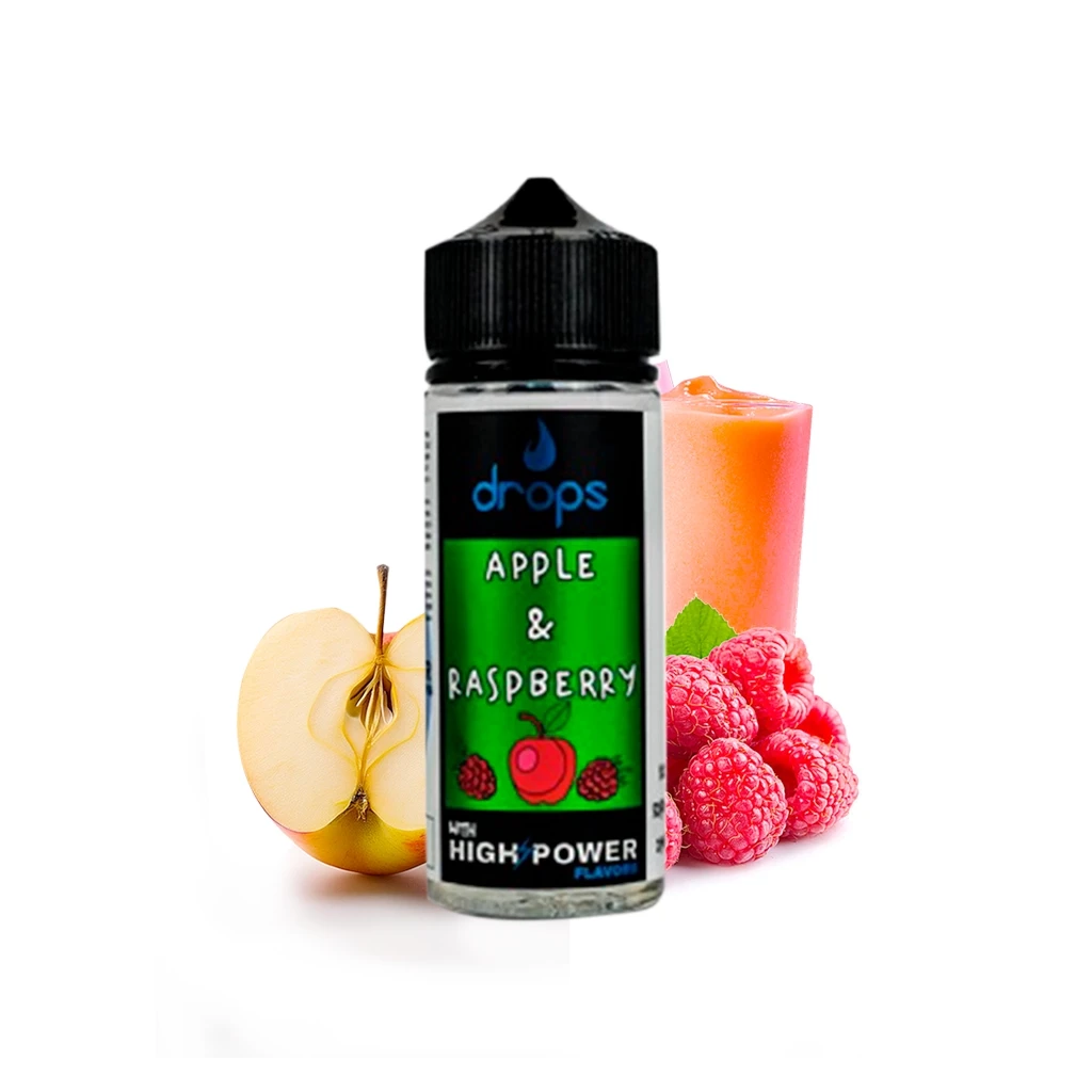 Bote Drops Bar Apple & Raspberry Longfill con tapón negro, junto a media manzana, frambuesas y un vaso de bebida rosada.