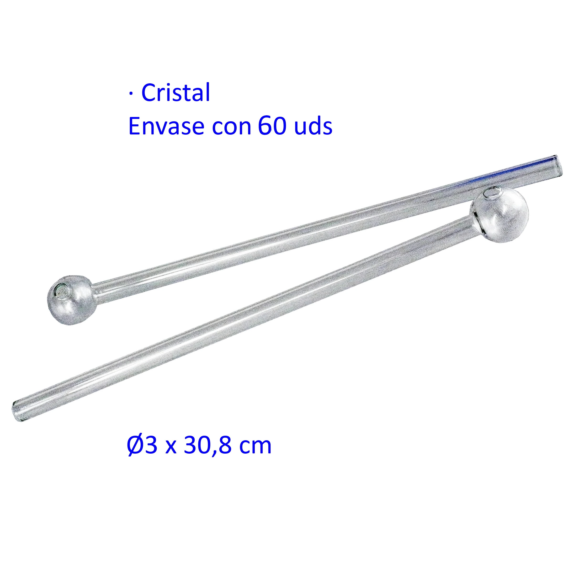 Dos pipas de cristal transparentes con tubo largo y cazoleta esférica, dispuestas en diagonal; texto «Envase con 60 uds».