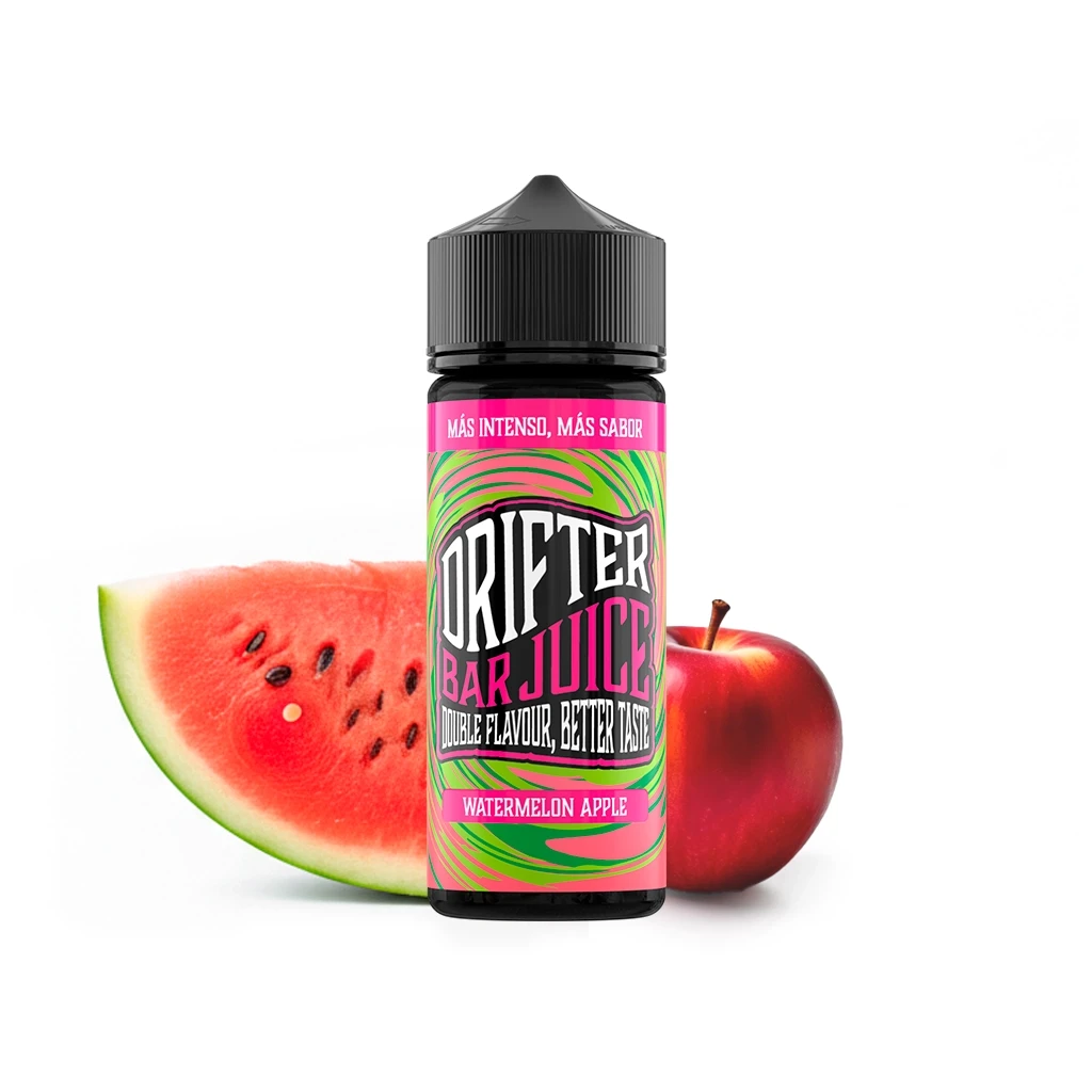 Bote Drifter Bar Watermelon Apple con tapón negro y etiqueta rosa y verde, delante de una rodaja de sandía y una manzana roja.