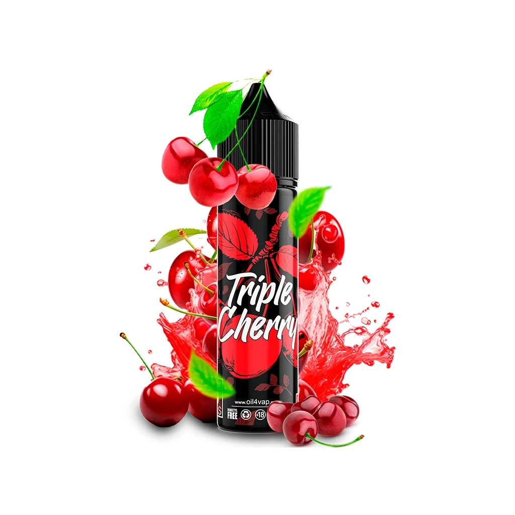 Bote Oil4vap Triple Cherry con tapón negro y etiqueta de cerezas, rodeado de cerezas, hojas verdes y una salpicadura roja.
