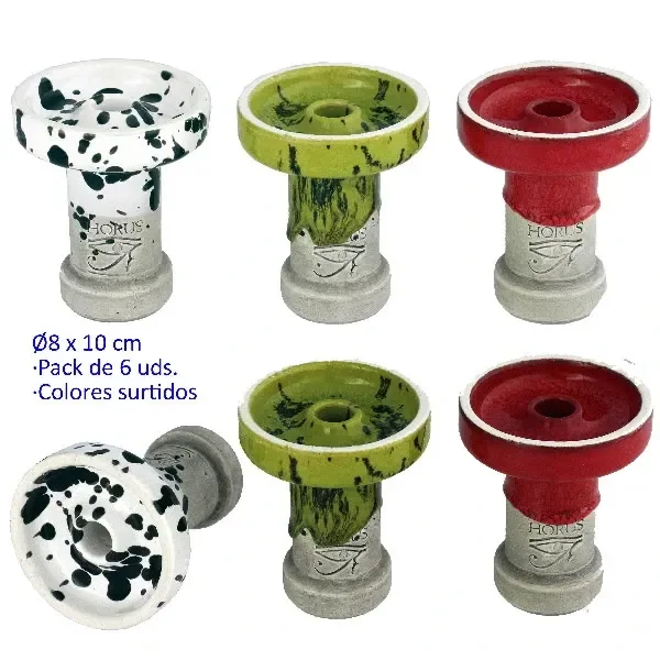 Cazoletas para cachimba con orificio central, en acabados blanco moteado, verde y rojo, mostradas de frente y con una vista inclinada. Cazoletas para cachimba con orificio central, en acabados blanco moteado, verde y rojo, mostradas de frente y con una vista inclinada.