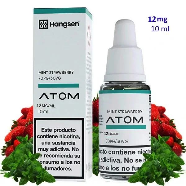 Caja y frasco Hangsen Atom Mint Strawberry de 10 ml y 12 mg/ml, con tapón blanco, rodeados de fresas y hojas de menta.