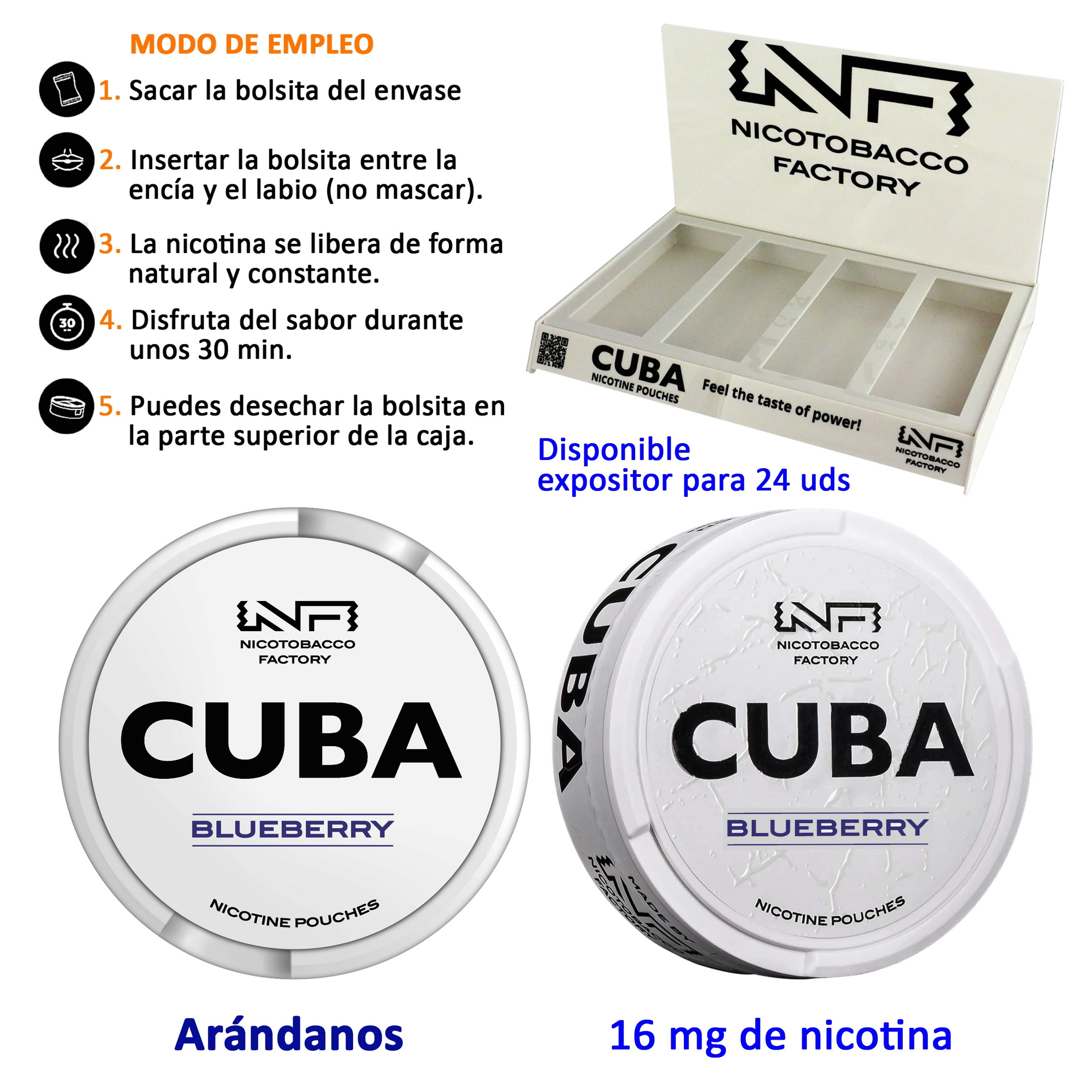Dos vistas de la lata blanca CUBA Blueberry, con indicación de 16 mg de nicotina, junto a un expositor vacío e instrucciones de uso.