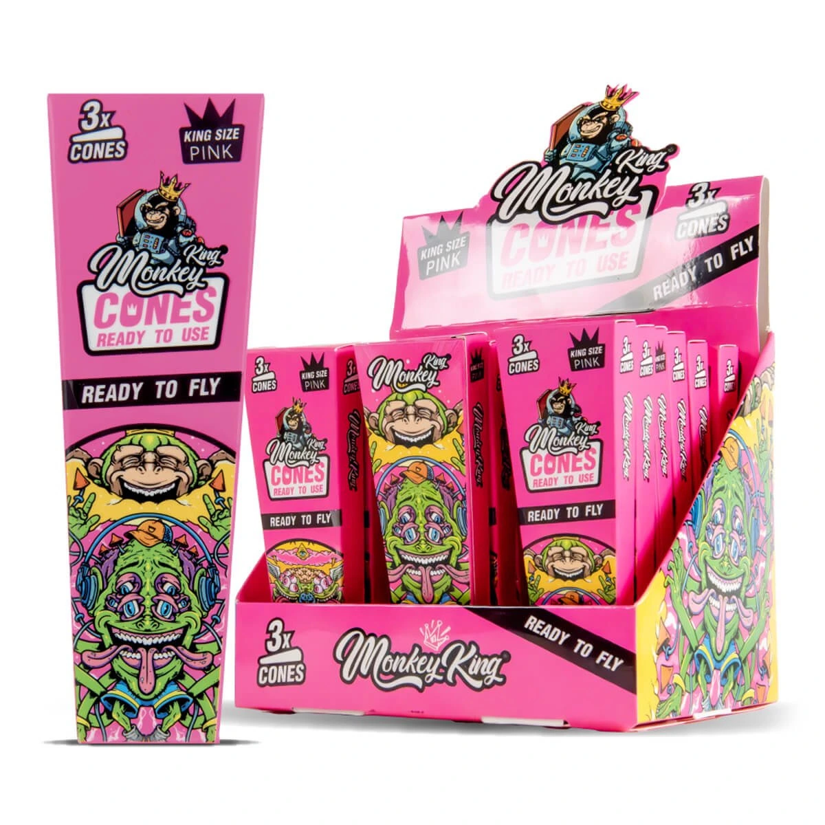 Expositor rosa de Monkey King con cajas de conos King Size Pink marcadas «3x cones» y una caja individual delante, con dibujos multicolores. Expositor rosa de Monkey King con cajas de conos King Size Pink marcadas «3x cones» y una caja individual delante, con dibujos multicolores.