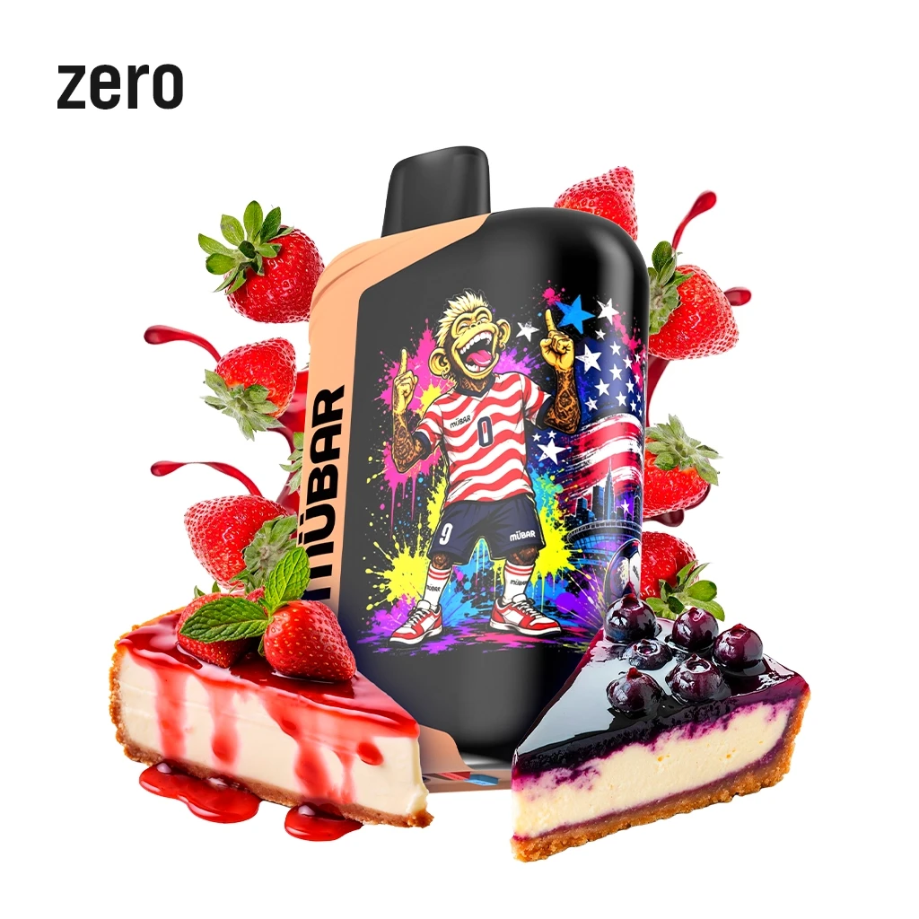 Vaper Mübar Eden Beast Cheesecake con un mono ilustrado en la carcasa, rodeado de fresas y porciones de tarta de queso; texto «zero».