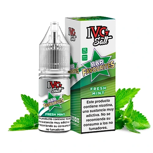 Frasco y caja de IVG Favourite Bar Salts Fresh Mint con etiquetas verdes, advertencia sobre nicotina y hojas de menta alrededor.