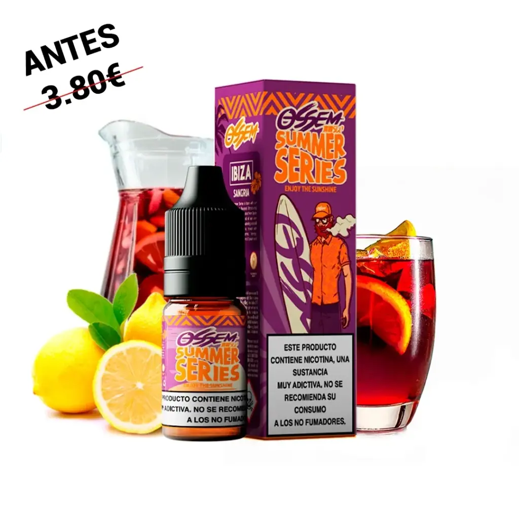 Frasco de Ossem Salts Ibiza Sangría con tapón negro y caja violeta, acompañado de limones, una jarra y un vaso de bebida roja con cítricos.