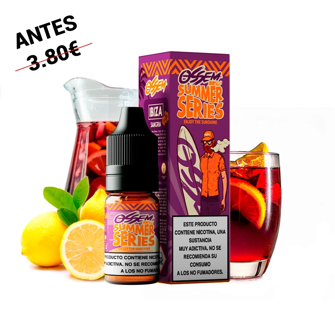 Frasco de Ossem Salts Ibiza Sangría con tapón negro y caja violeta, acompañado de limones, una jarra y un vaso de bebida roja con cítricos.