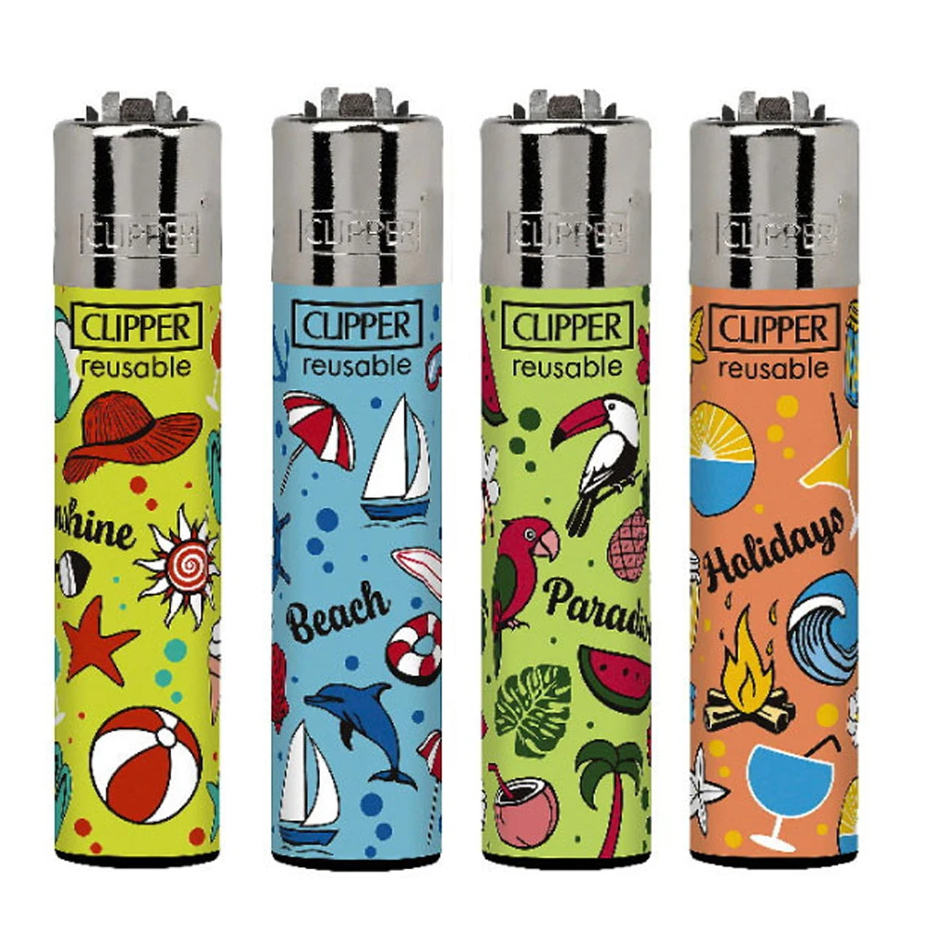 Cuatro modelos de mecheros Clipper Summer Pattern con fondos verdes, azul y naranja y dibujos de playa, aves tropicales y bebidas.
