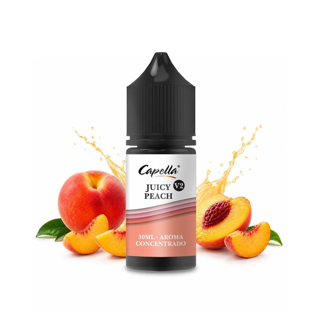 Frasco de Juicy Peach V2 de Capella con tapón negro, rodeado de melocotones enteros y cortados y una salpicadura amarilla al fondo.