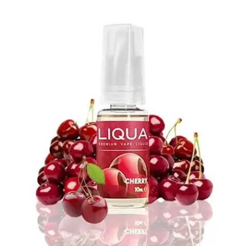 Frasco Liqua Cherry de 10 ml con etiqueta roja y tapón translúcido, rodeado de cerezas sobre una superficie blanca reflectante.