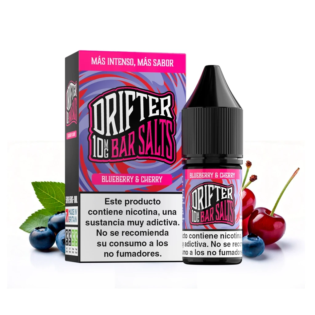 Caja y frasco Drifter Bar Salts Blueberry & Cherry con etiquetas rosas, advertencia sobre nicotina y arándanos y cerezas alrededor.