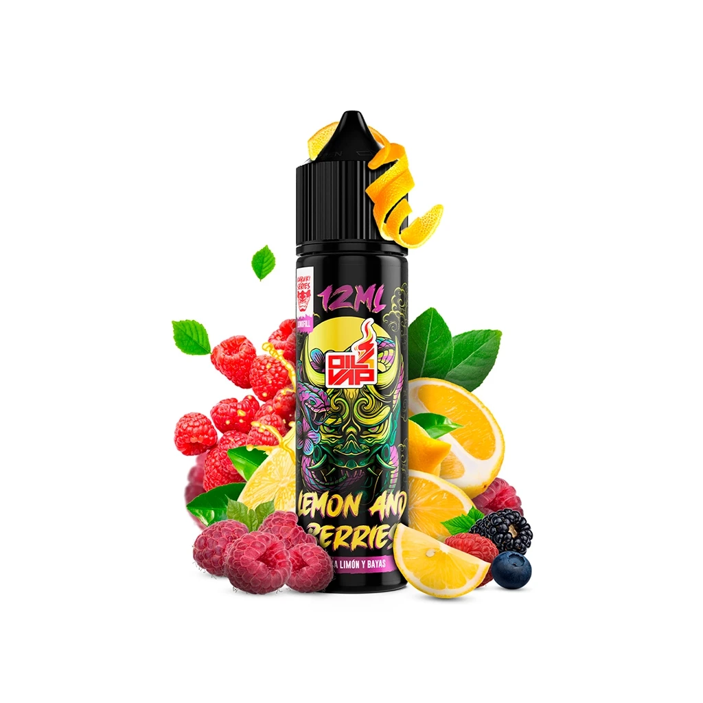 Frasco negro de Oil4Vap Lemon and Berries con etiqueta ilustrada, rodeado de limones, frambuesas, moras y arándanos sobre fondo blanco.
