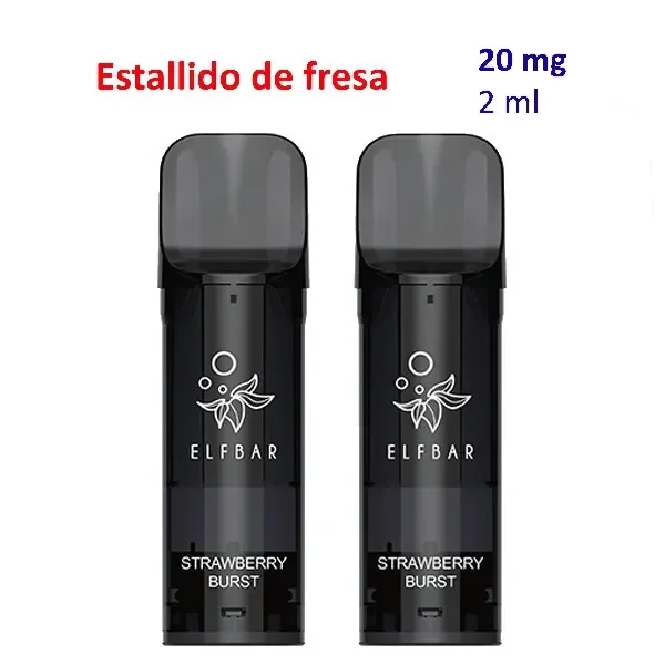 Dos pods negros Elfbar Strawberry Burst con boquillas grises, bajo los textos «Estallido de fresa», «20 mg» y «2 ml», sobre fondo blanco.