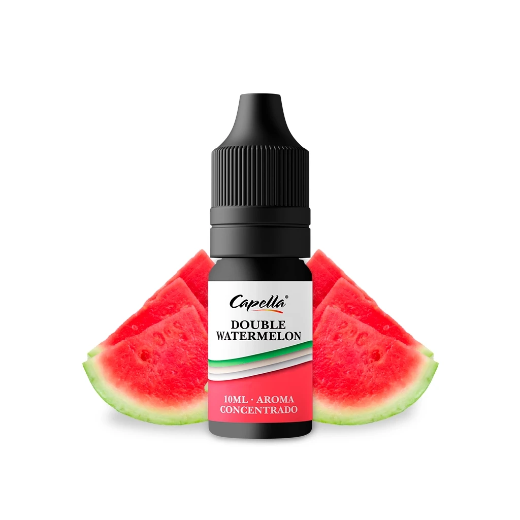 Frasco negro de aroma Double Watermelon de Capella, con etiqueta de 10 ml y rodajas de sandía detrás, sobre fondo blanco.